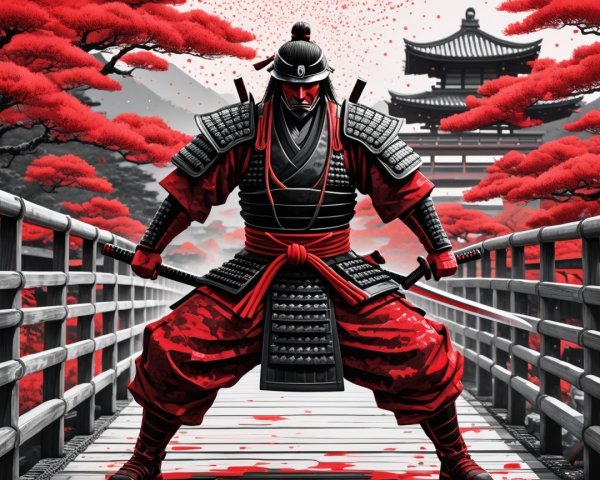 Samurai in Red Armor on Bridge with Pagoda and Mountains