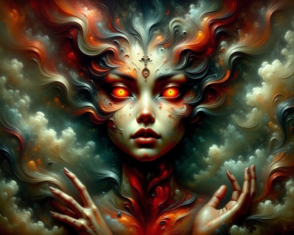 Mystical Figure with Flowing Hair and Orange Eyes