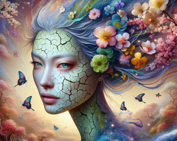 Detailed Digital Painting of a Woman with Flowers and Butterflies