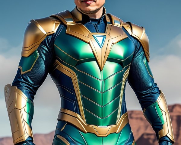 Futuristic Superhero in Green and Gold Suit in Desert