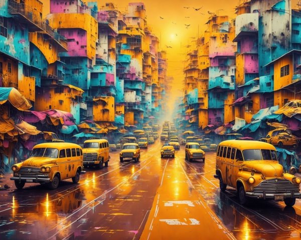 Surreal Urban Scene with Colorful Buildings and Taxis