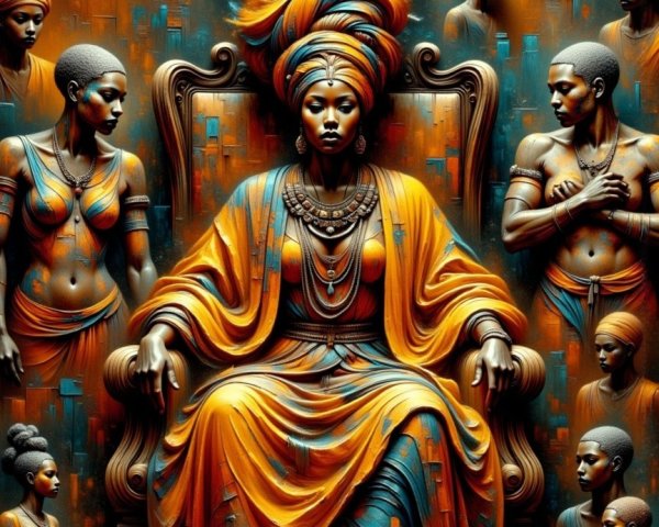 Regal Figure on Throne Surrounded by Admirers