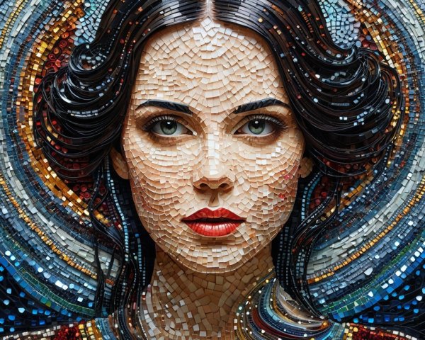 Mosaic Portrait of a Woman with Colorful Tiles