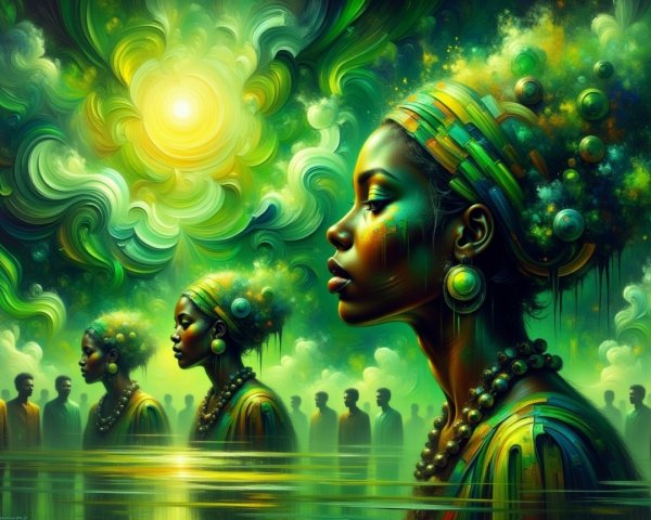 Three Women's Profiles with Green Hues and Jewelry