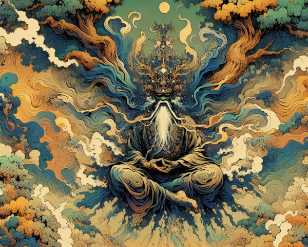 Mystical Figure in Lotus Position Surrounded by Nature