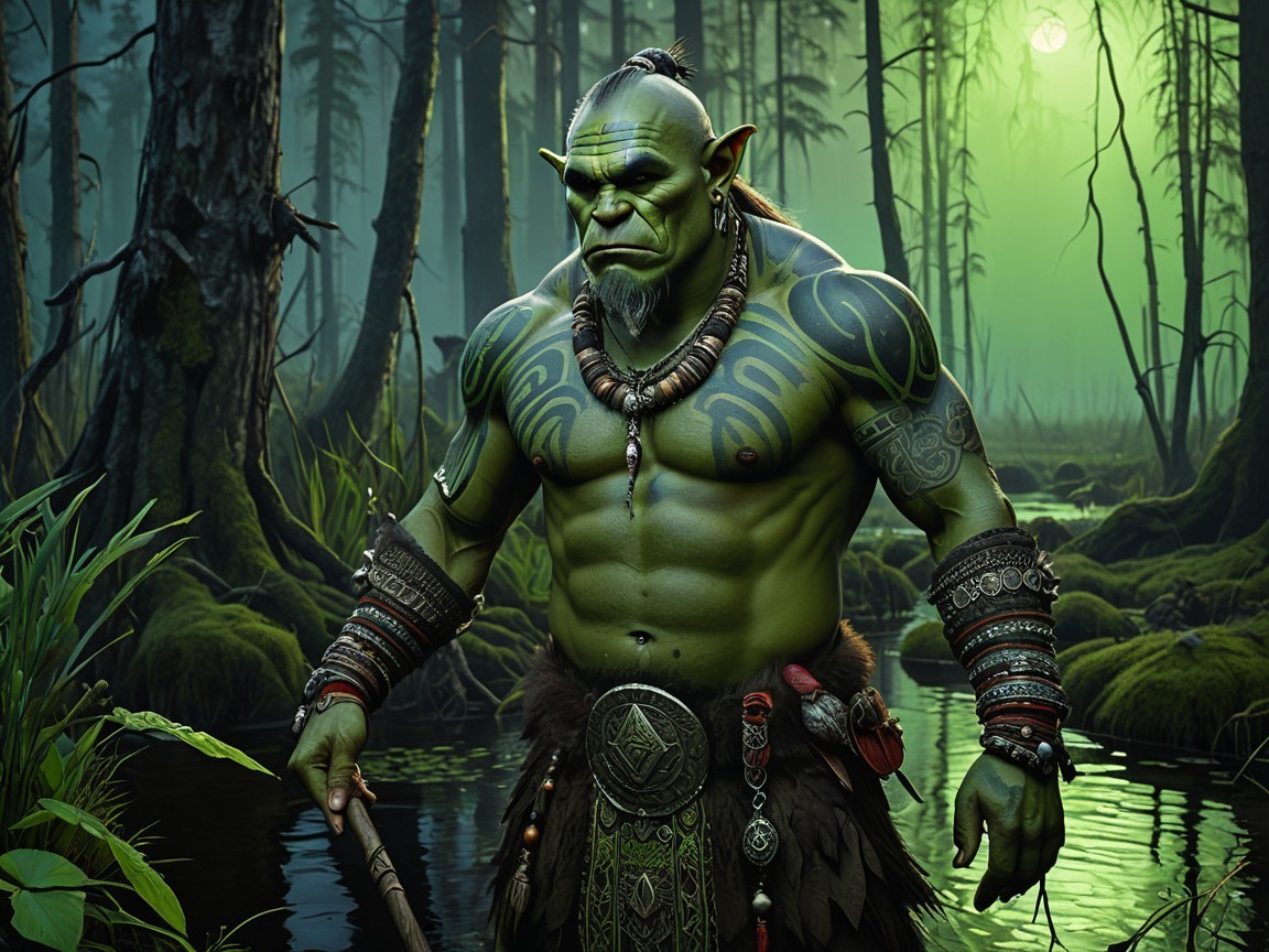 Orc in Mystical Forest with Tribal Jewelry and Staff