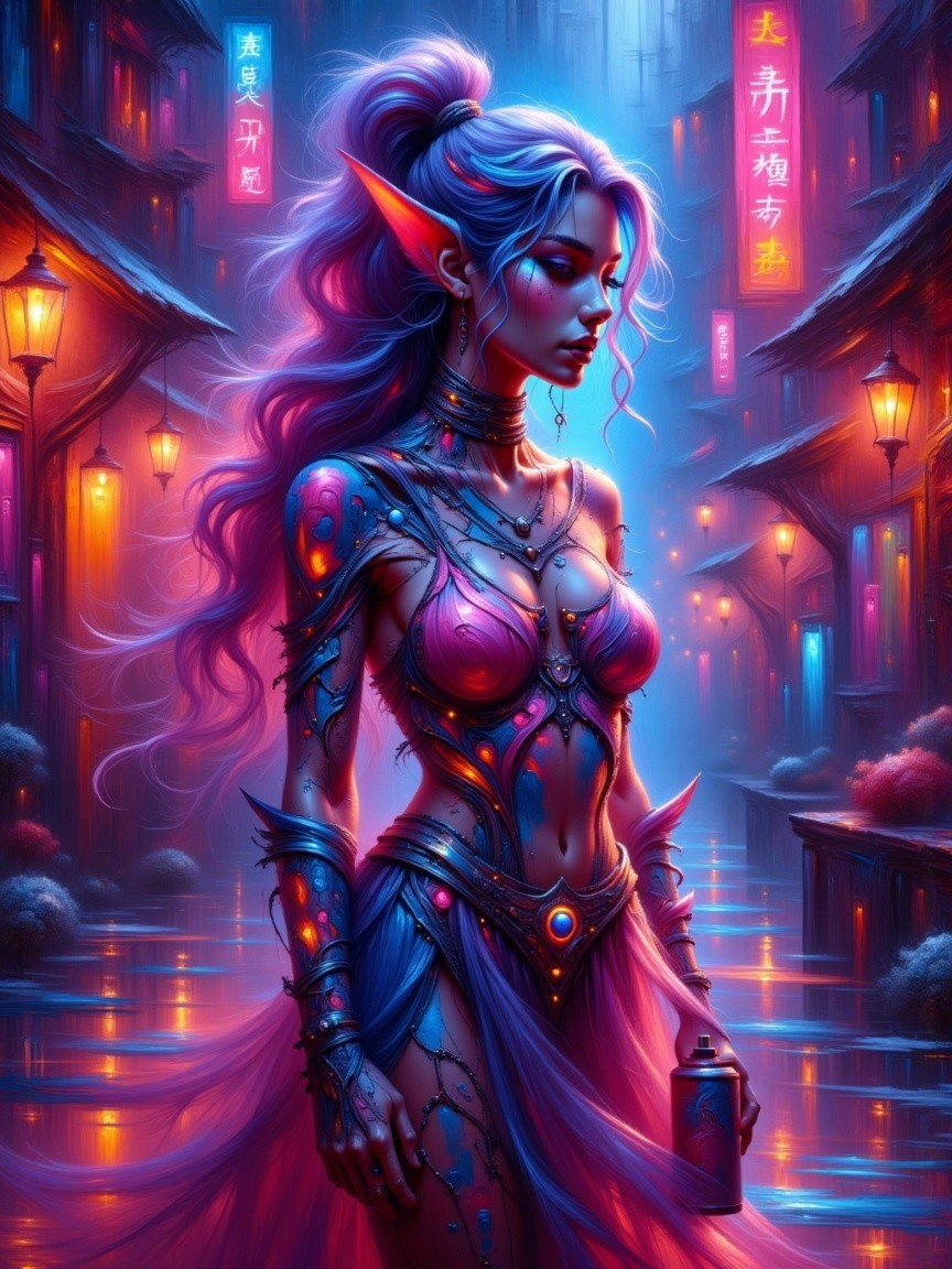 Mystical figure in a neon-lit fantasy alleyway