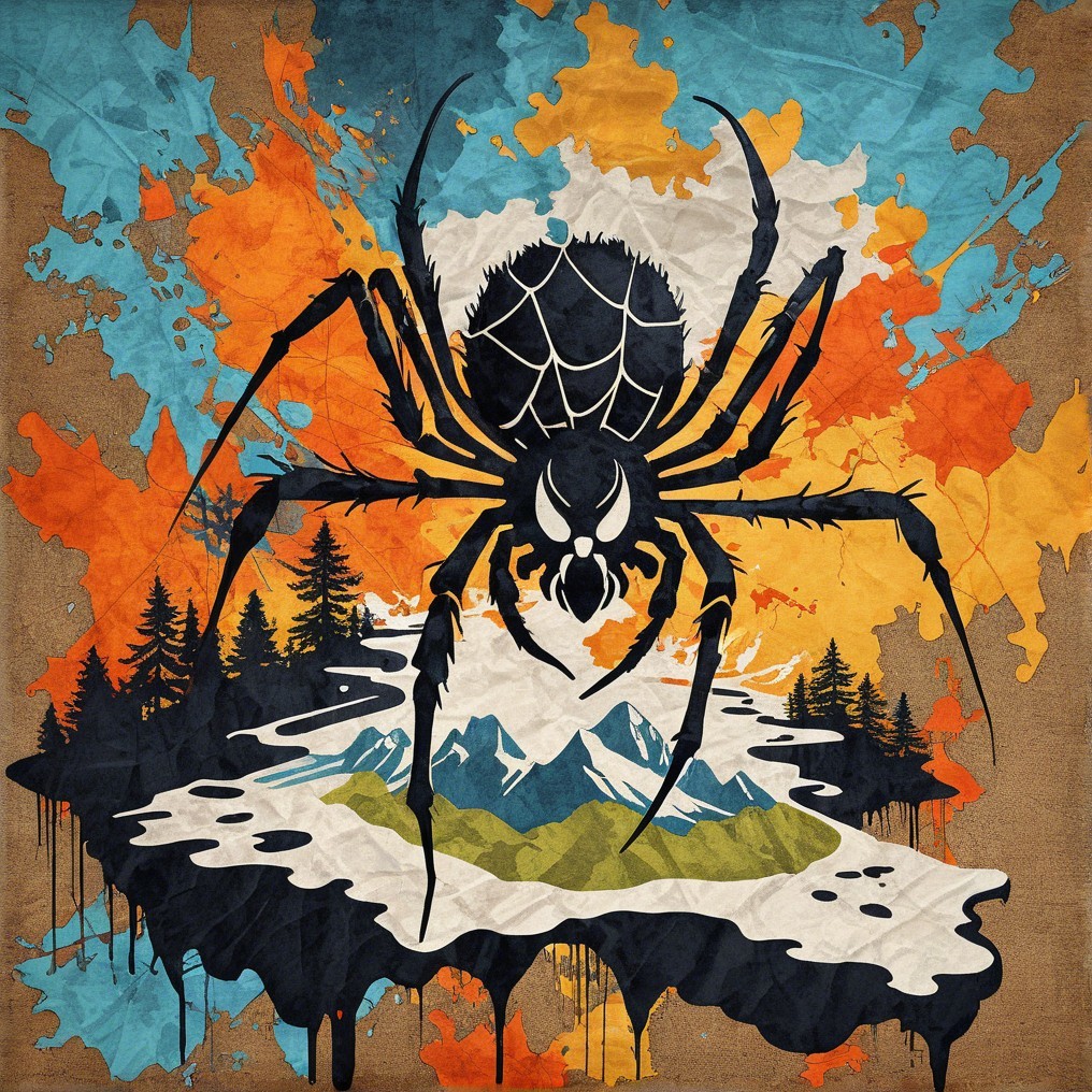 Stylized Black Spider on Vibrant Abstract Background