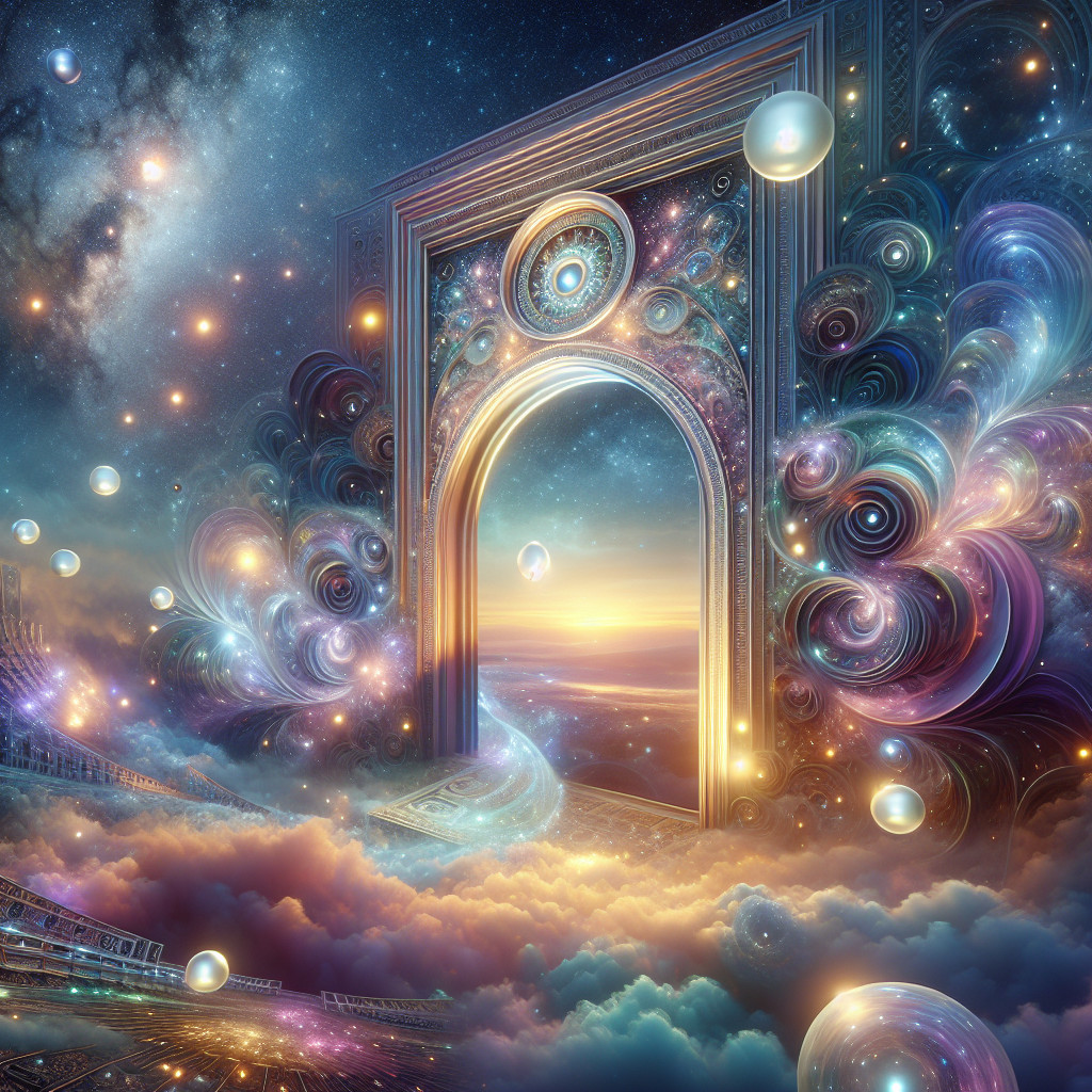 Surreal Cosmic Landscape with Ornate Archway and Galaxies