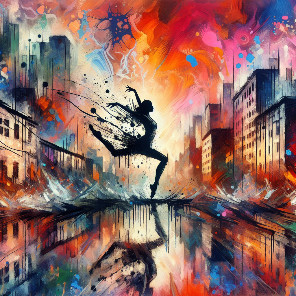Vibrant Cityscape with Colorful Dancer Silhouette