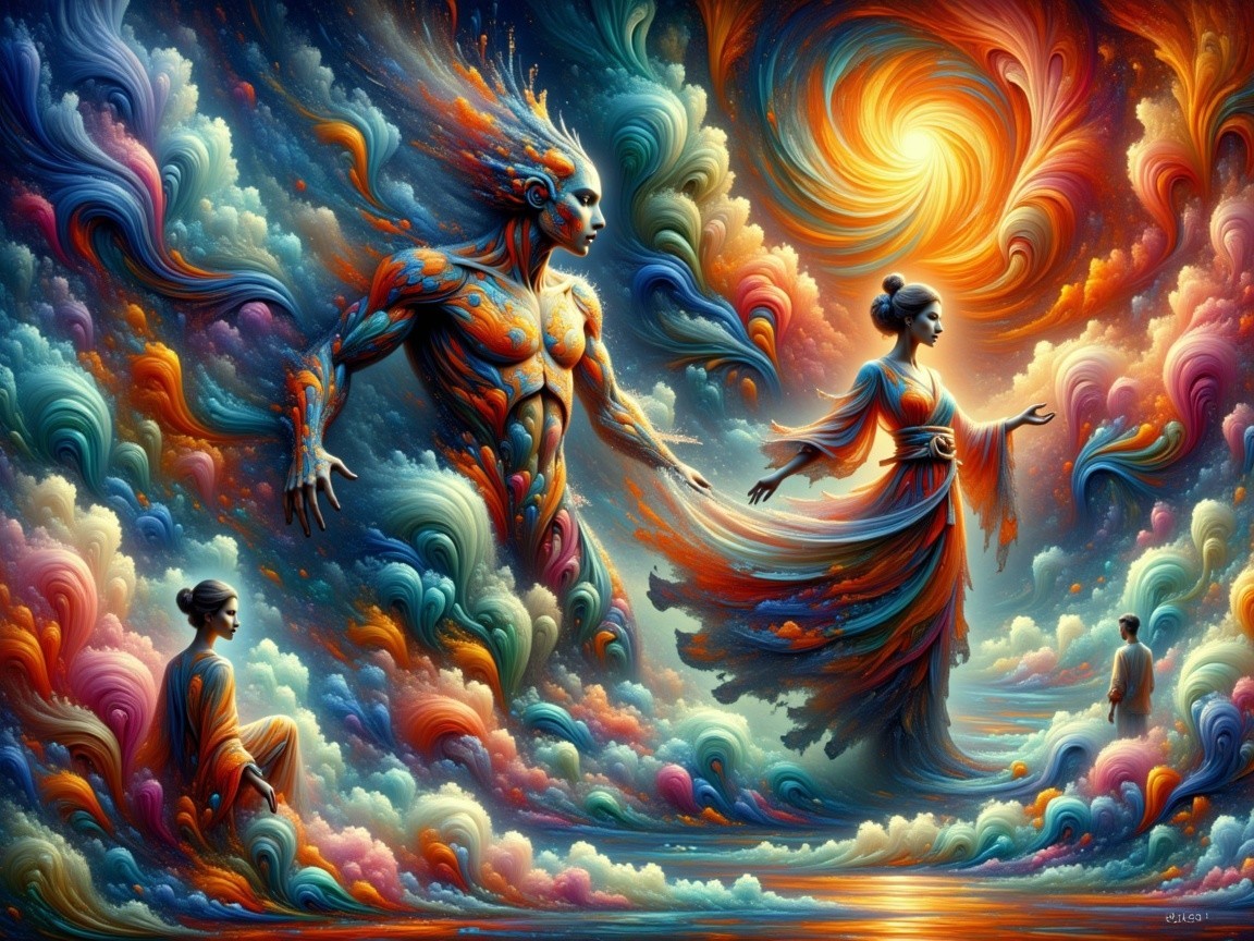 Ethereal Figures in a Cosmic Colorful Scene
