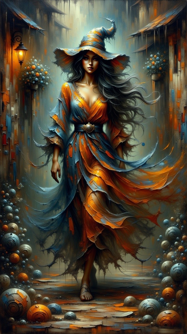 Witch in Colorful Dress in Enchanted Alleyway Scene
