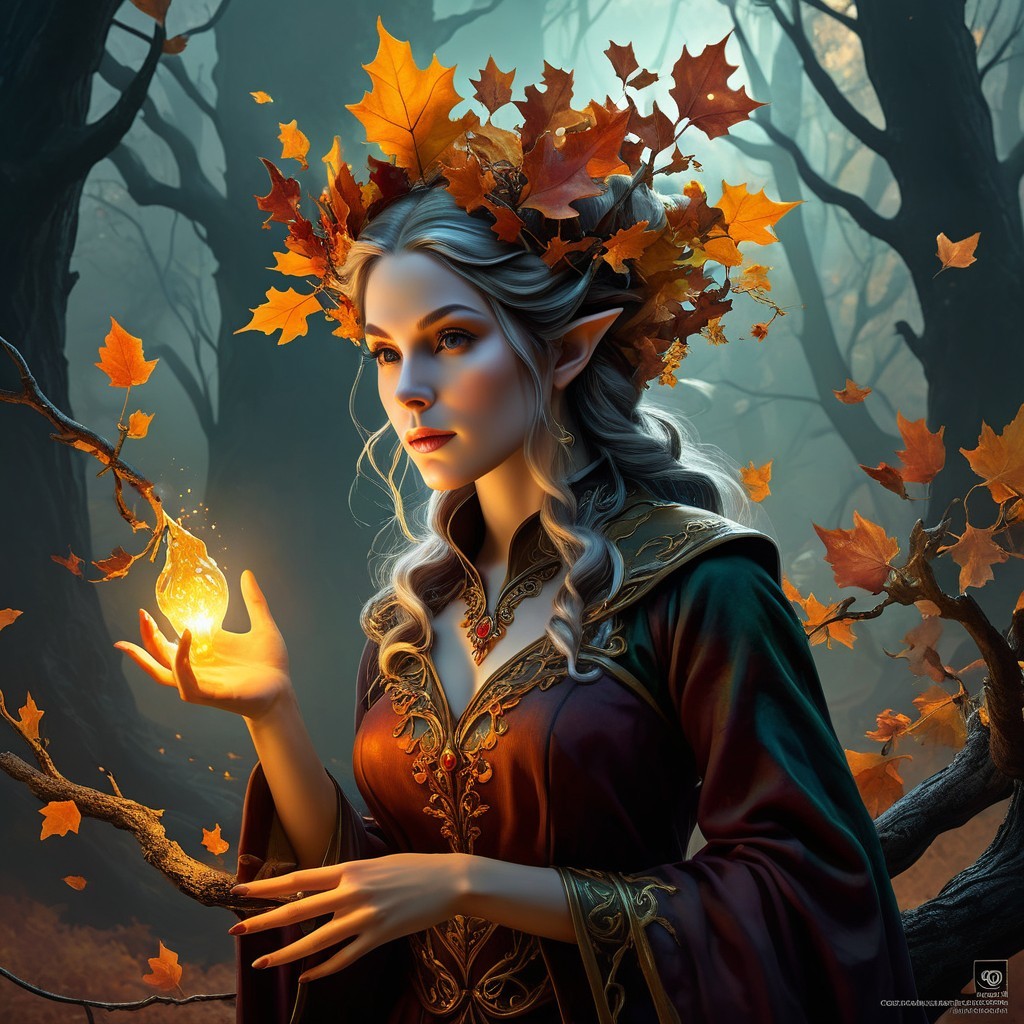 Mystical elf in a dim forest with glowing orb