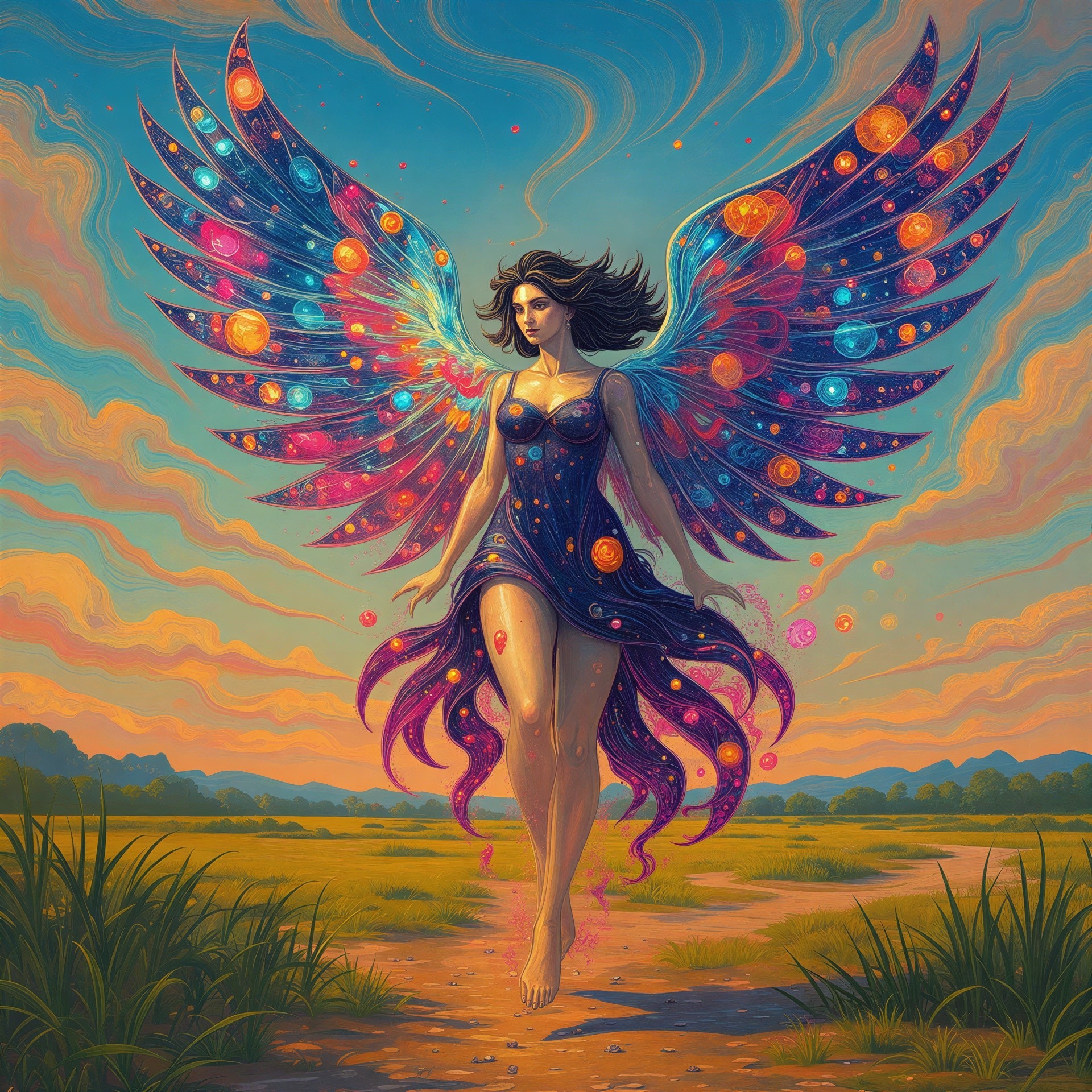 Ethereal Woman with Feather Wings at Sunset in Field