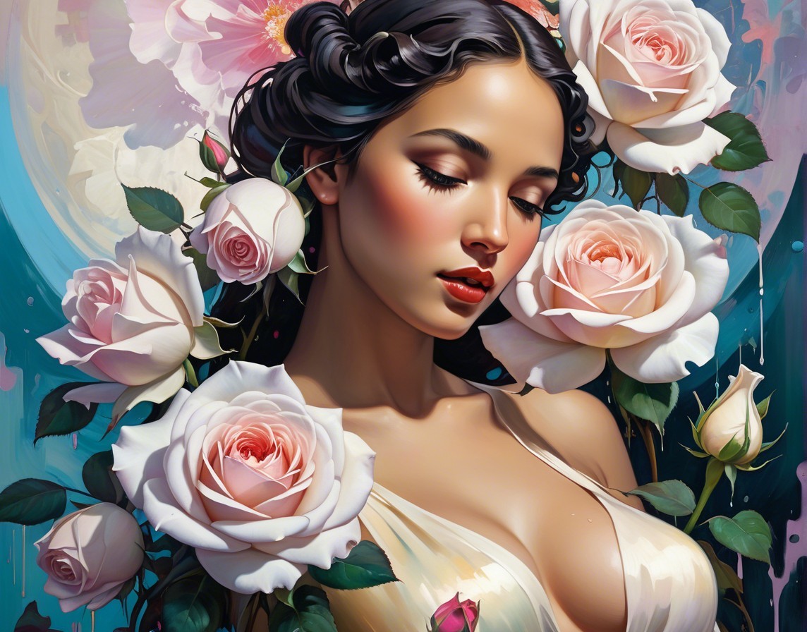 Portrait of a woman with pink roses and elegant curls