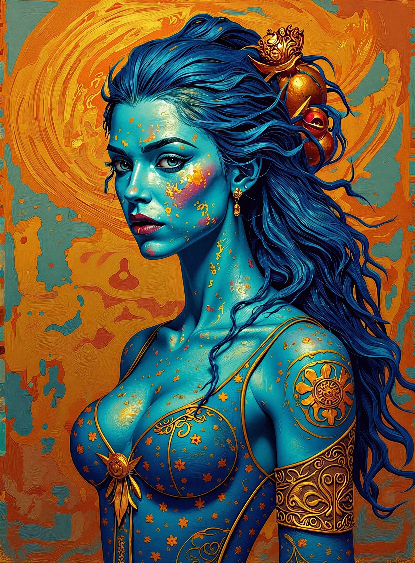 Stylized portrait of a teal-skinned female figure