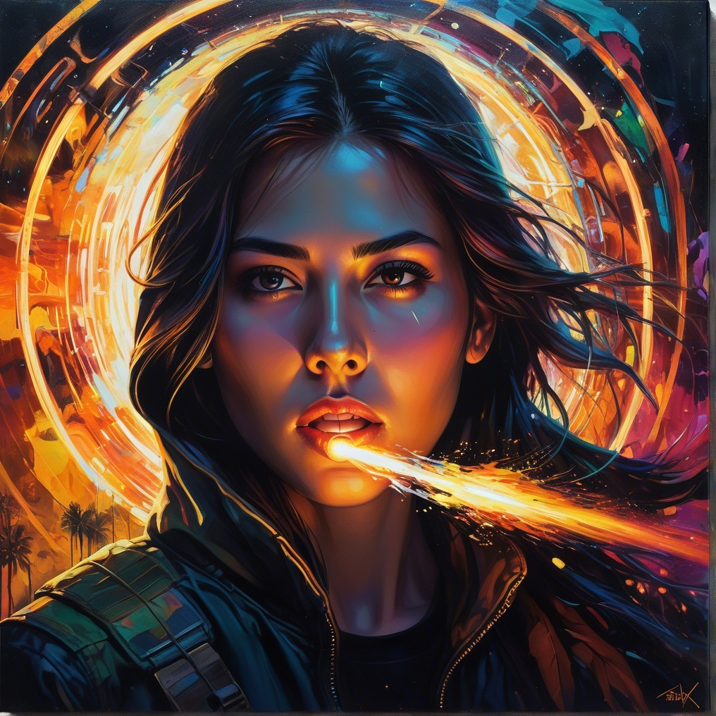 Female figure against a vibrant fiery backdrop