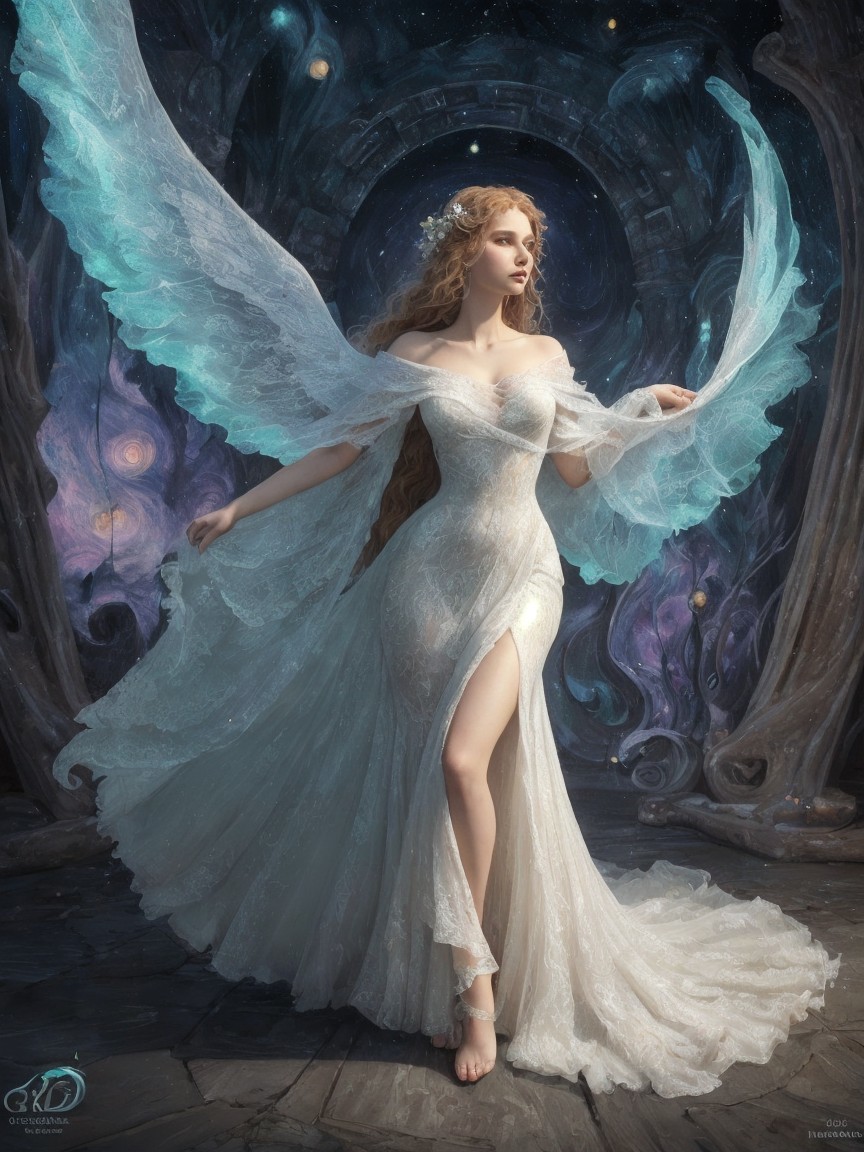 Ethereal Figure in Flowing White Gown with Wings