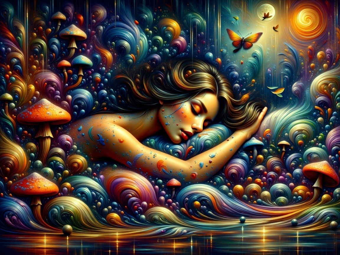 Serene Woman Surrounded by Vibrant Nature Elements