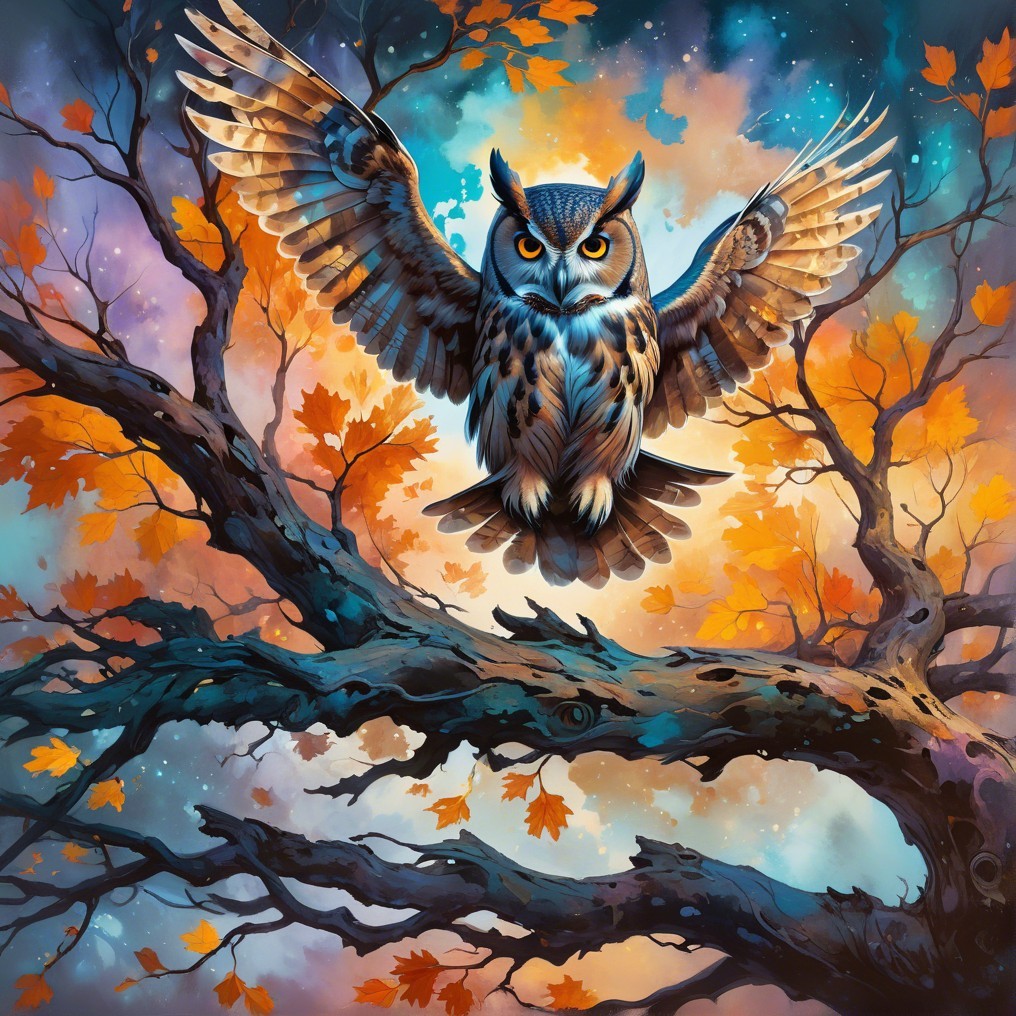 Majestic owl perched on a branch in autumn twilight
