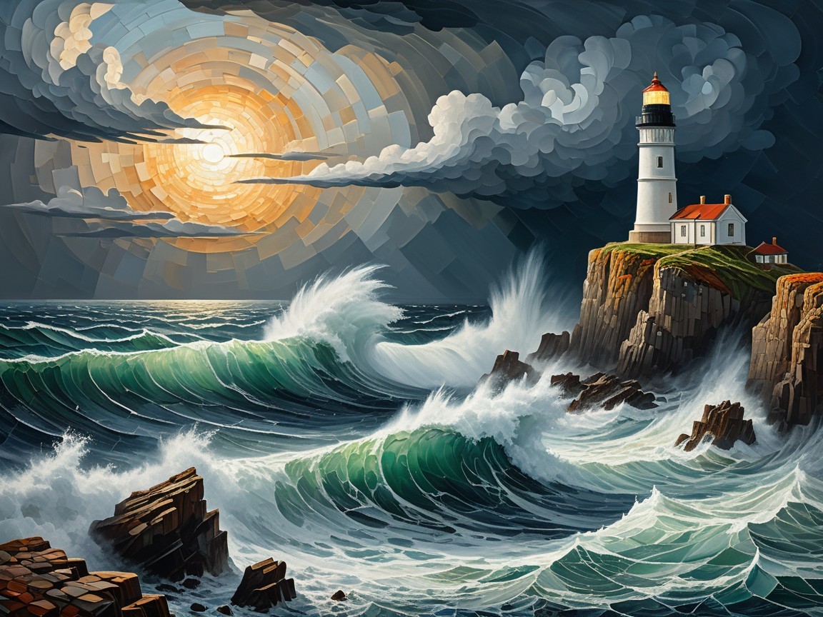 Dramatic Seascape with Lighthouse and Turbulent Waves