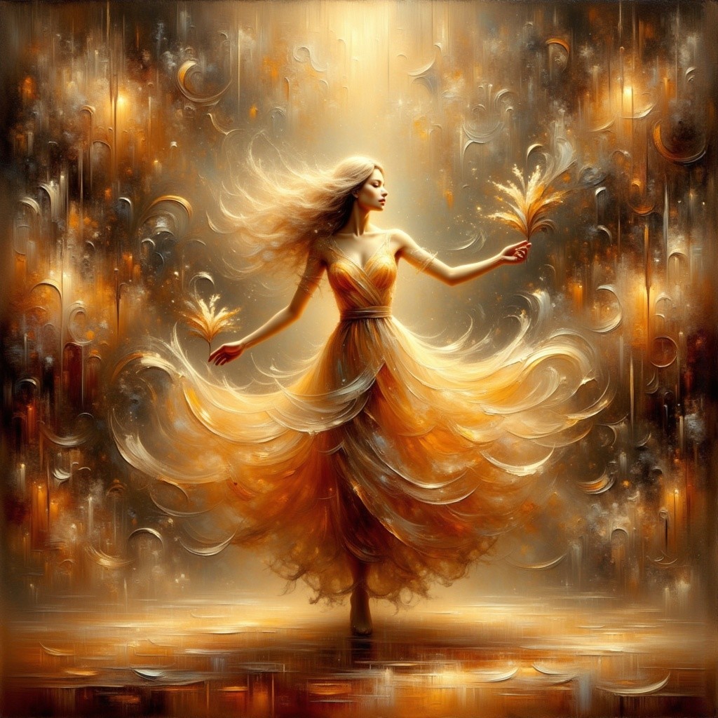 Dancer in Illuminated Golden Gown with Abstract Background