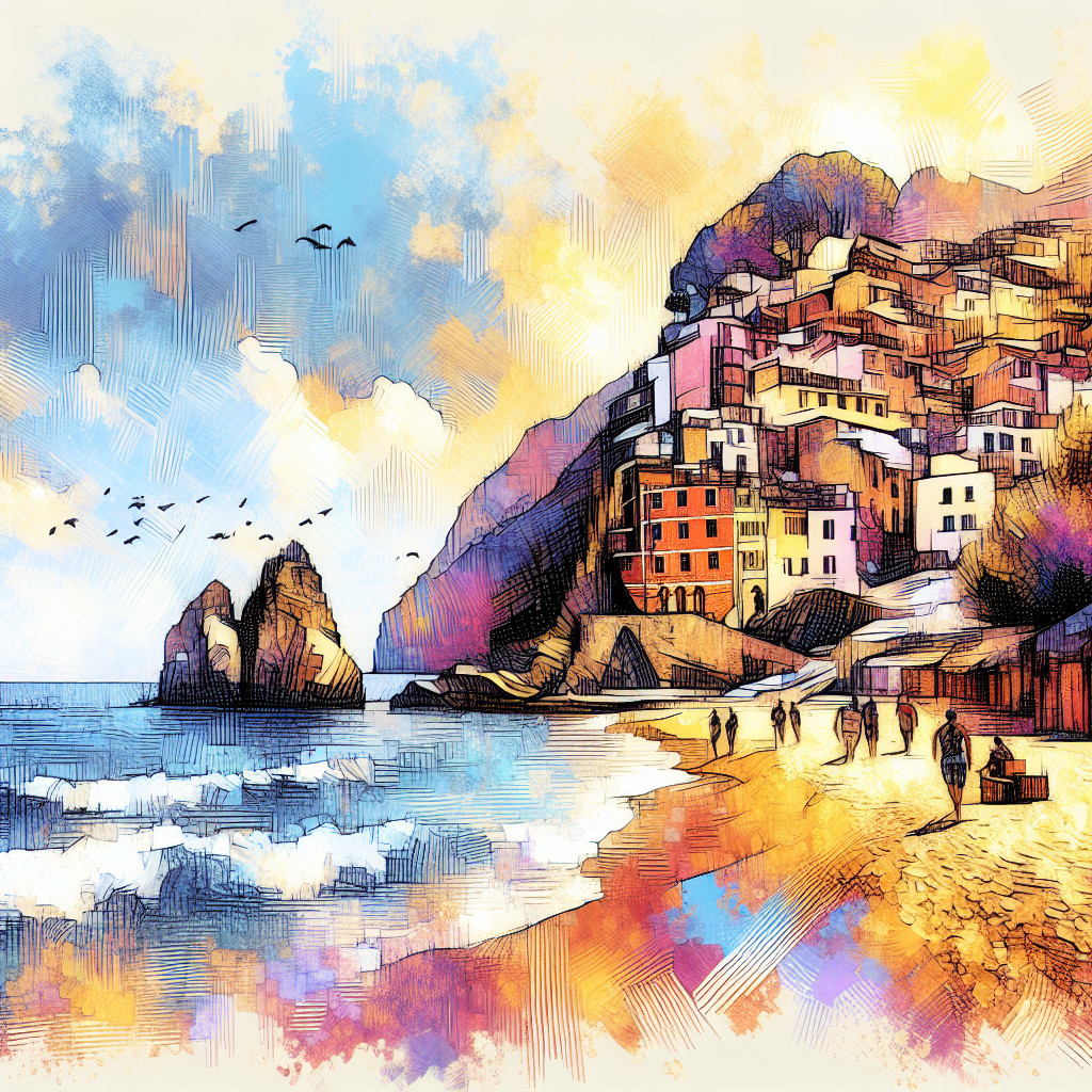 Vibrant Coastal Village Illustration with Colorful Houses