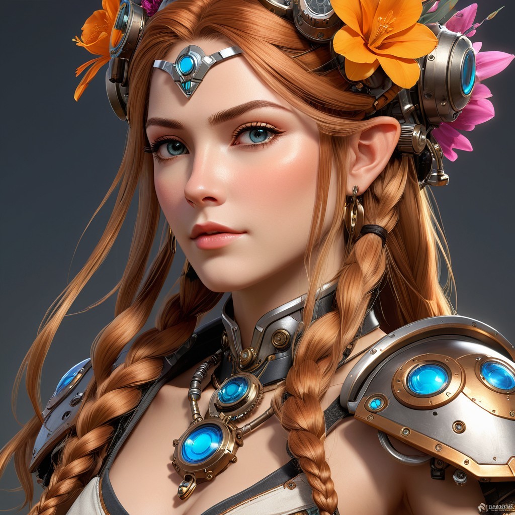 Fantastical female character in stylized armor with gems