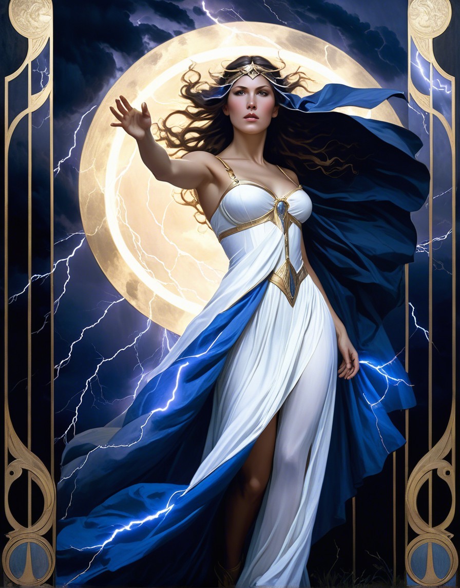 Majestic figure in gown under dramatic night sky