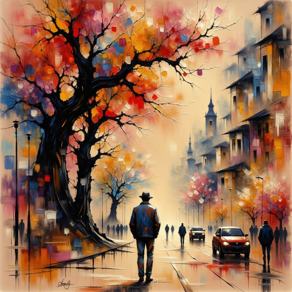 Autumn Scene with Colorful Trees and Urban Landscape