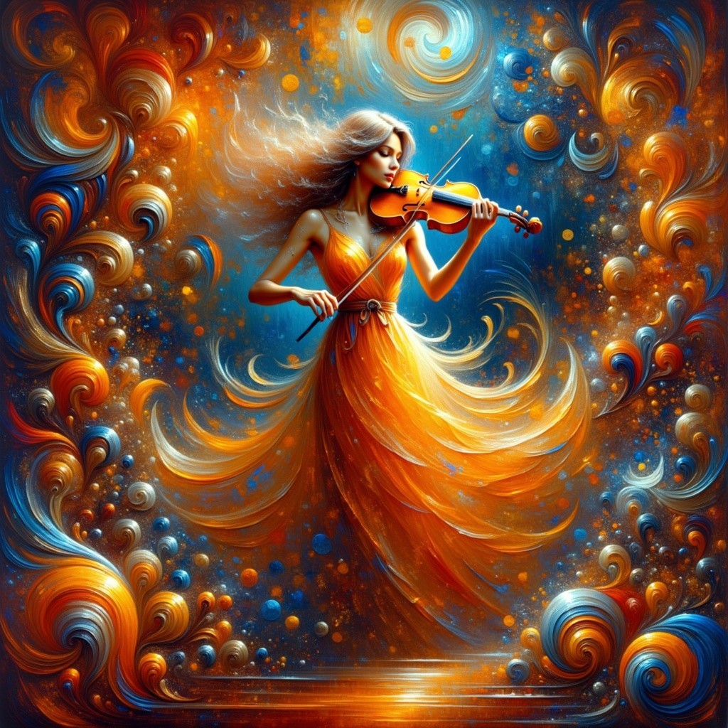 Woman in Orange Dress Playing Violin with Colorful Background