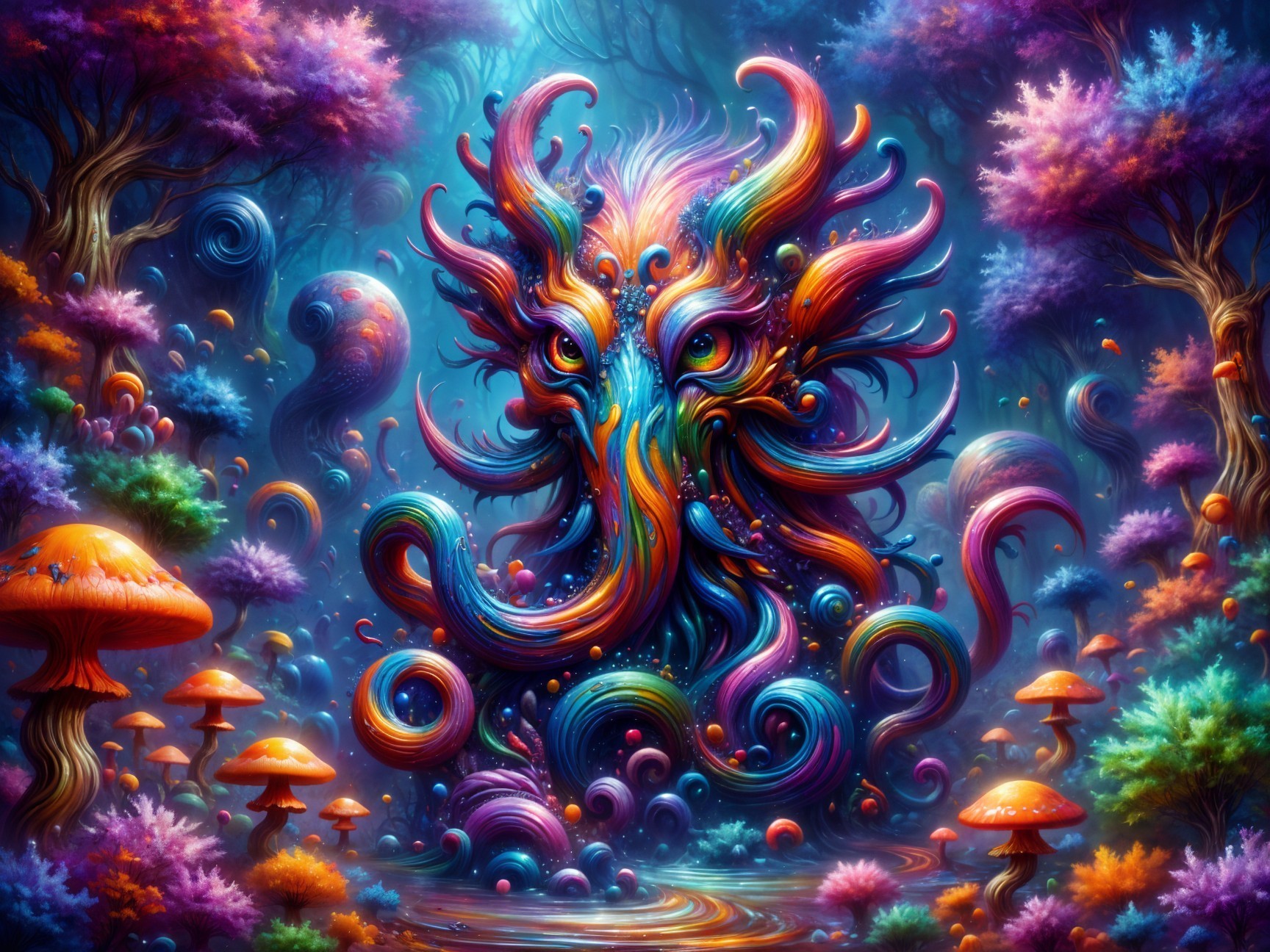 Surreal Landscape with Mystical Creature and Flora