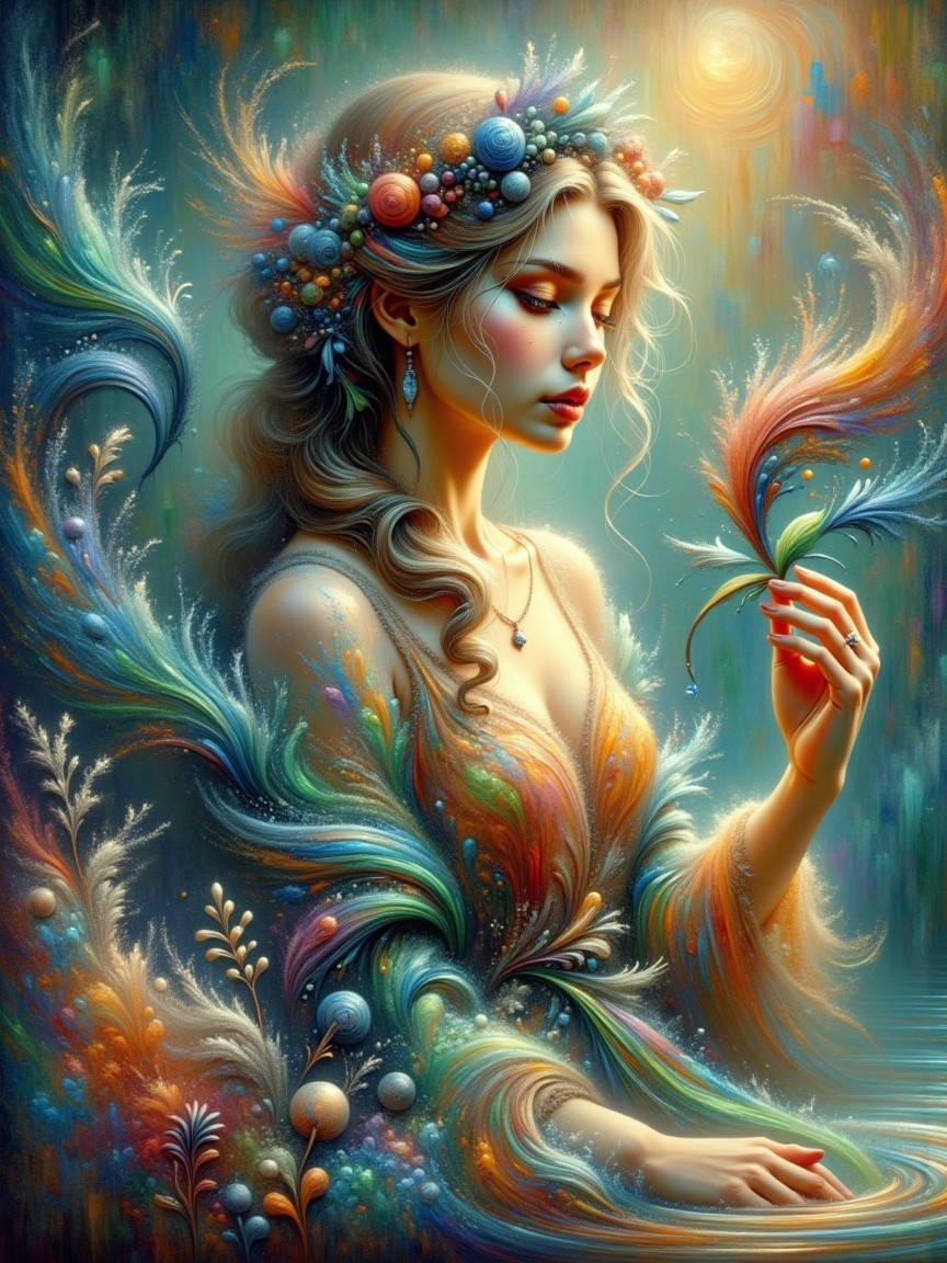 Serene Woman with Floral Crown and Feather in Vibrant Scene