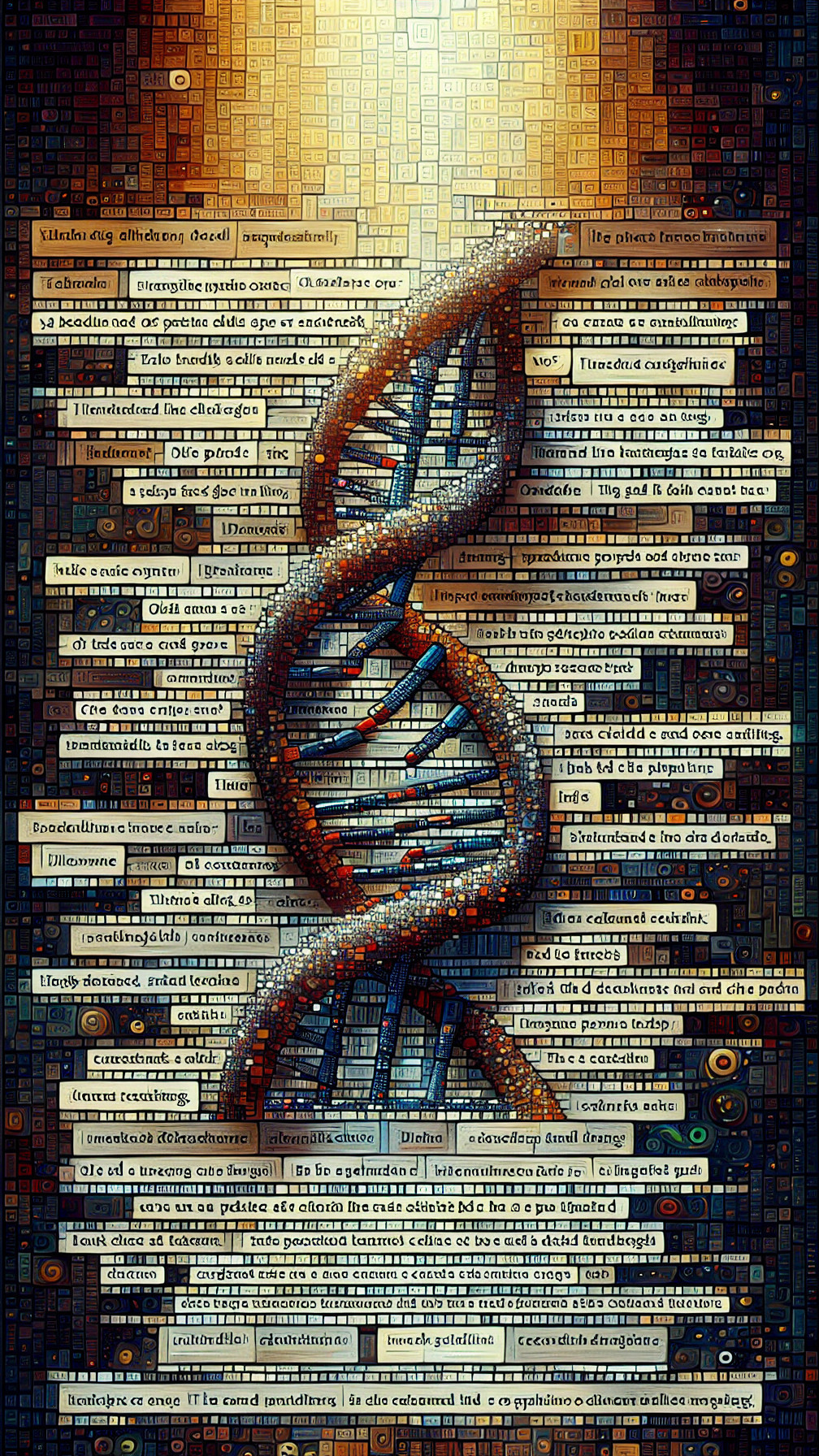Stylized DNA Helix with Mosaic Patterns and Text