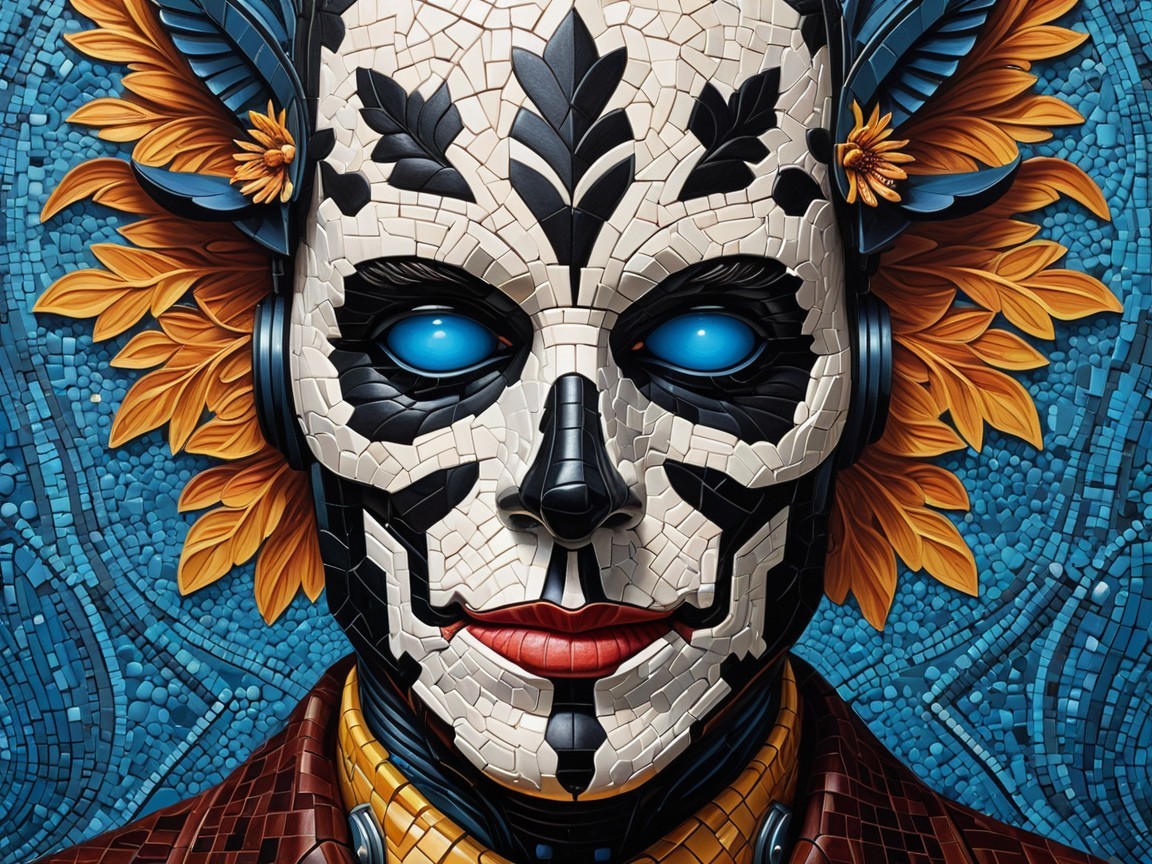 Mosaic Portrait of Skull Face with Blue Eyes and Flowers