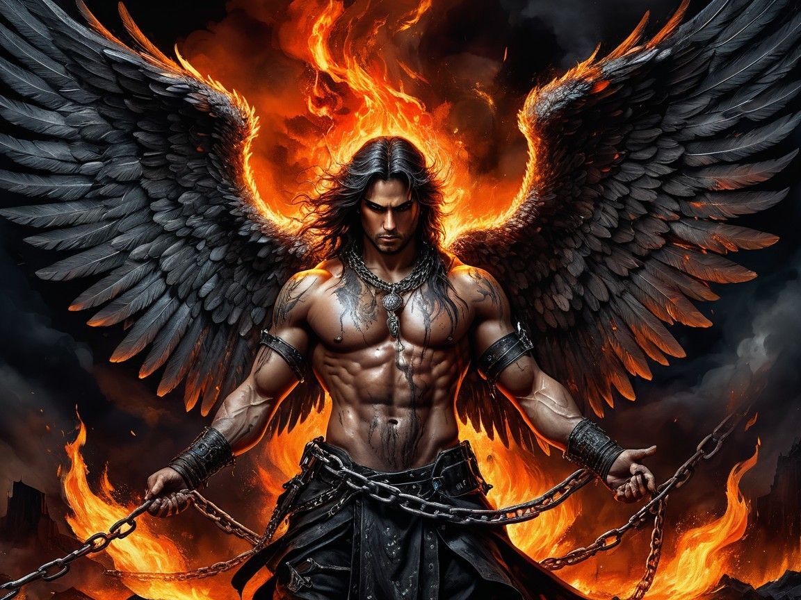 Muscular Warrior Surrounded by Fiery Flames and Chains