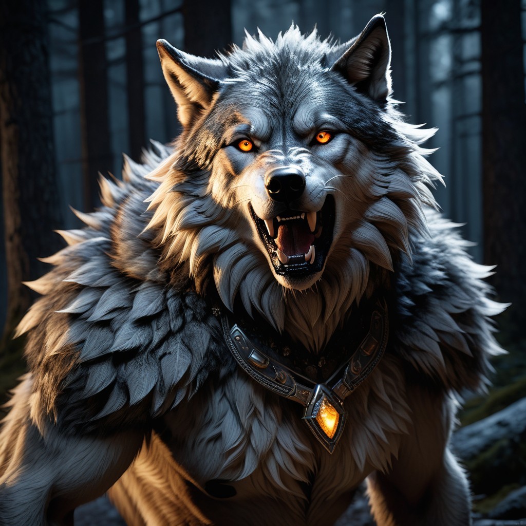 Majestic wolf in misty forest with glowing collar