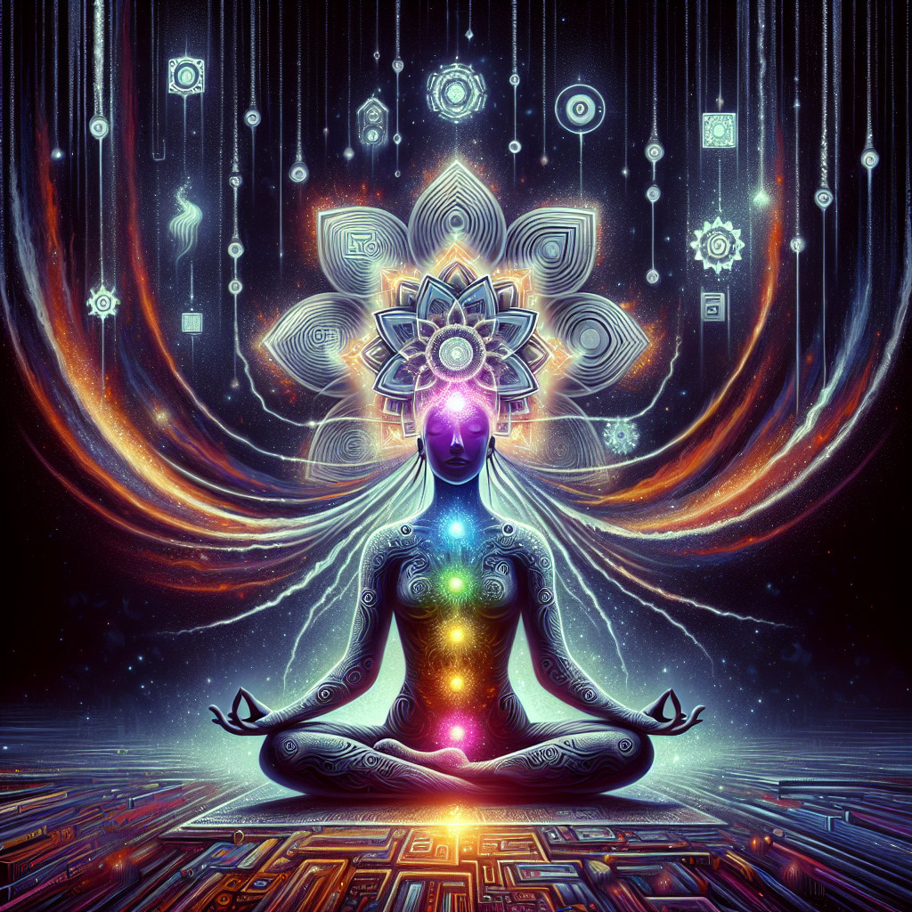 Meditative Figure Surrounded by Vibrant Patterns and Light