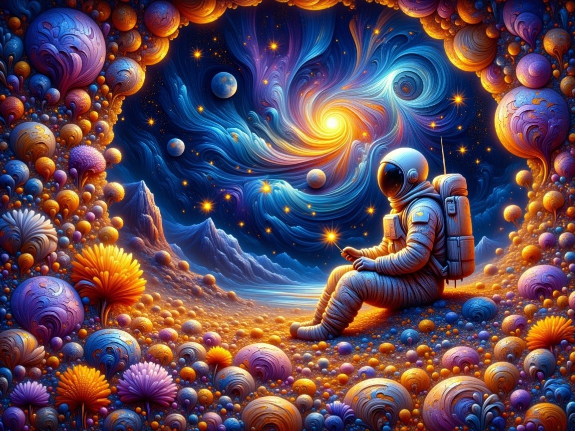 Astronaut in Vibrant Cosmic Landscape with Flora