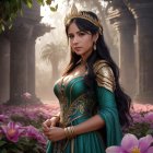 Majestic figure in emerald gown within lush garden