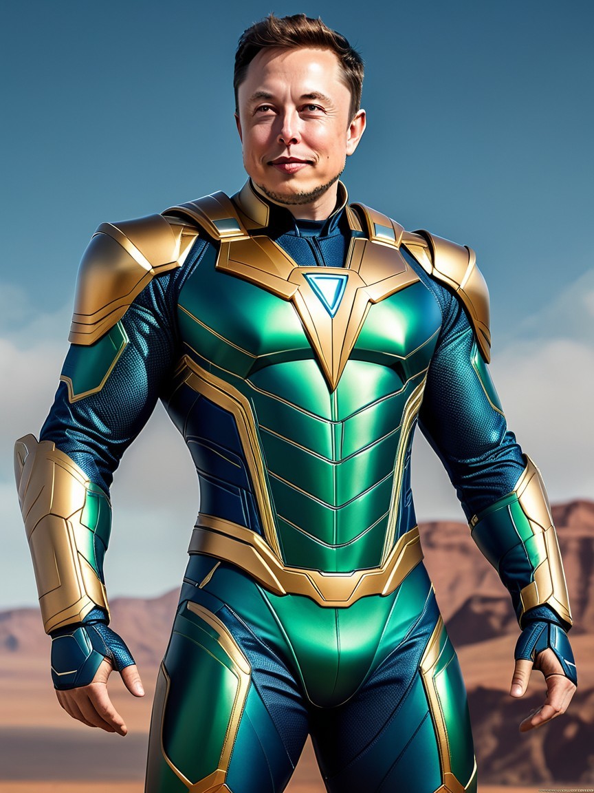 Futuristic Superhero in Green and Gold Suit in Desert