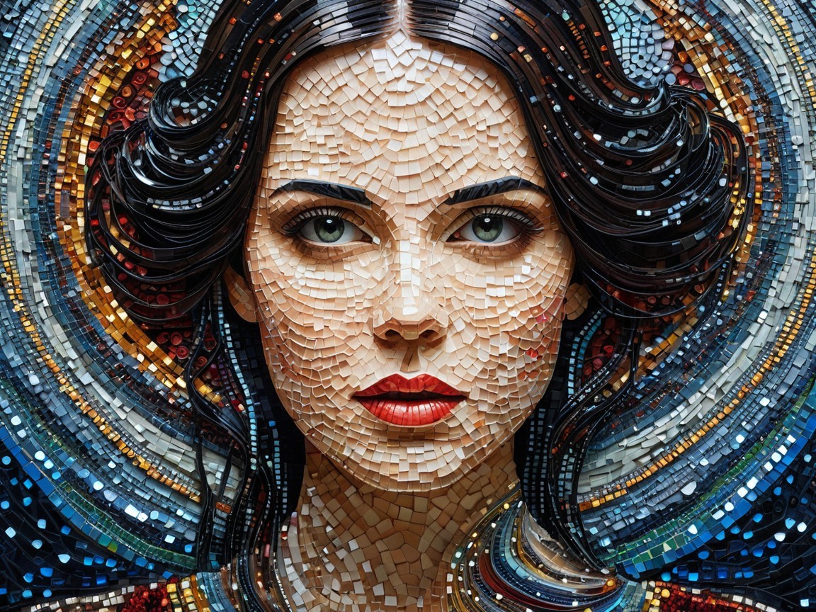 Mosaic Portrait of a Woman with Colorful Tiles