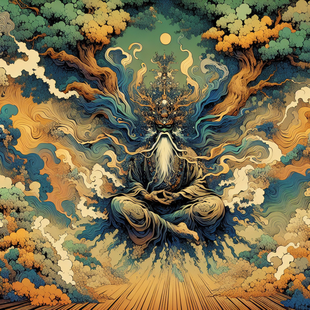 Mystical Figure in Lotus Position Surrounded by Nature