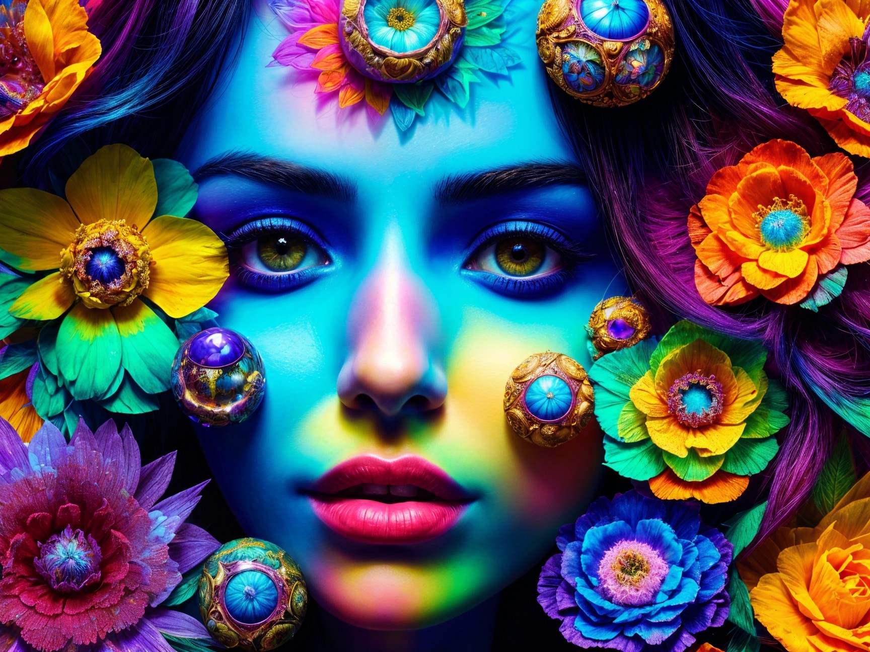 Vibrant Portrait of a Woman with Floral Designs