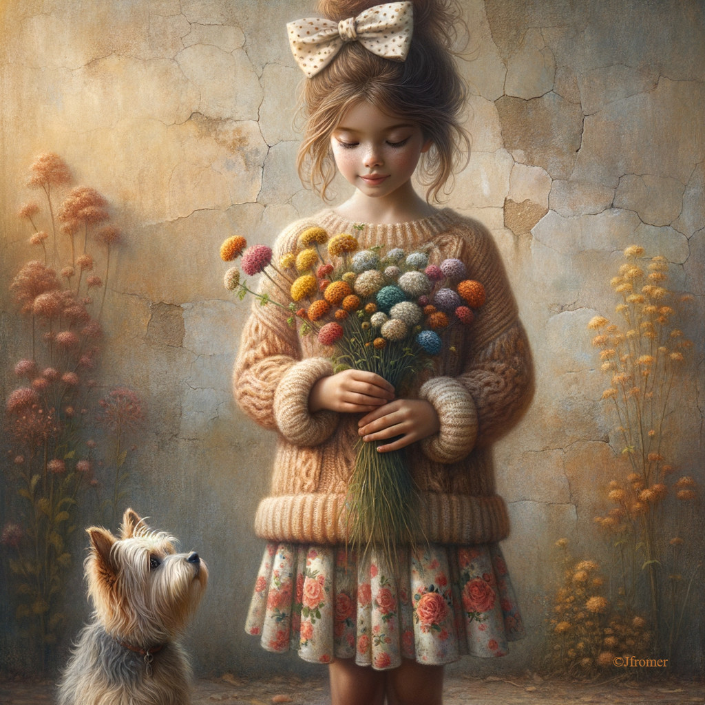 Cozy Scene of a Girl with Flowers and a Dog