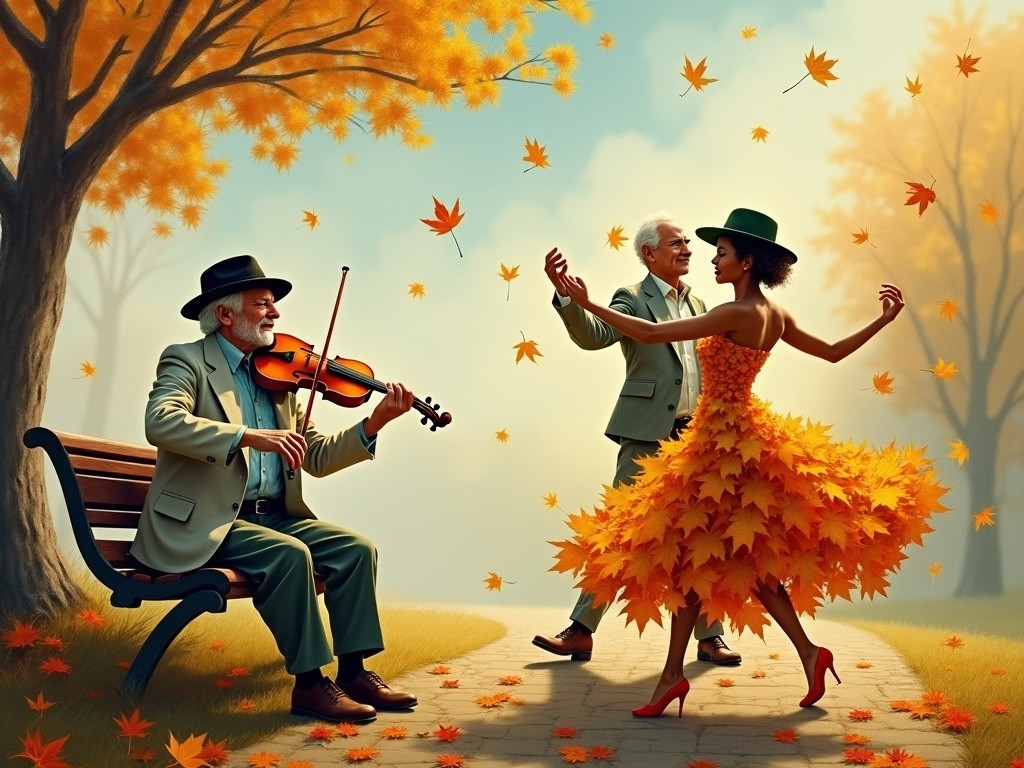 Autumn Scene with Dancing Woman and Violin Music