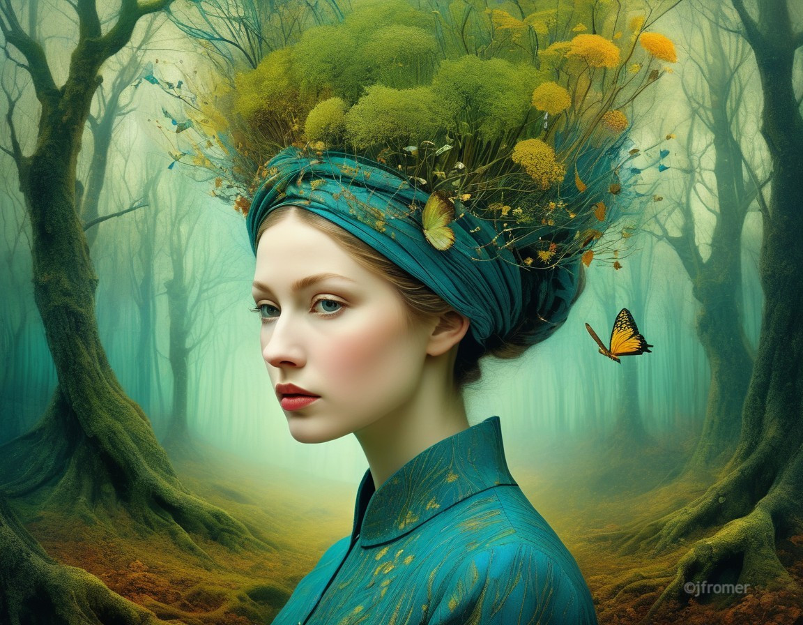 Young Woman in Mystical Forest with Floral Crown