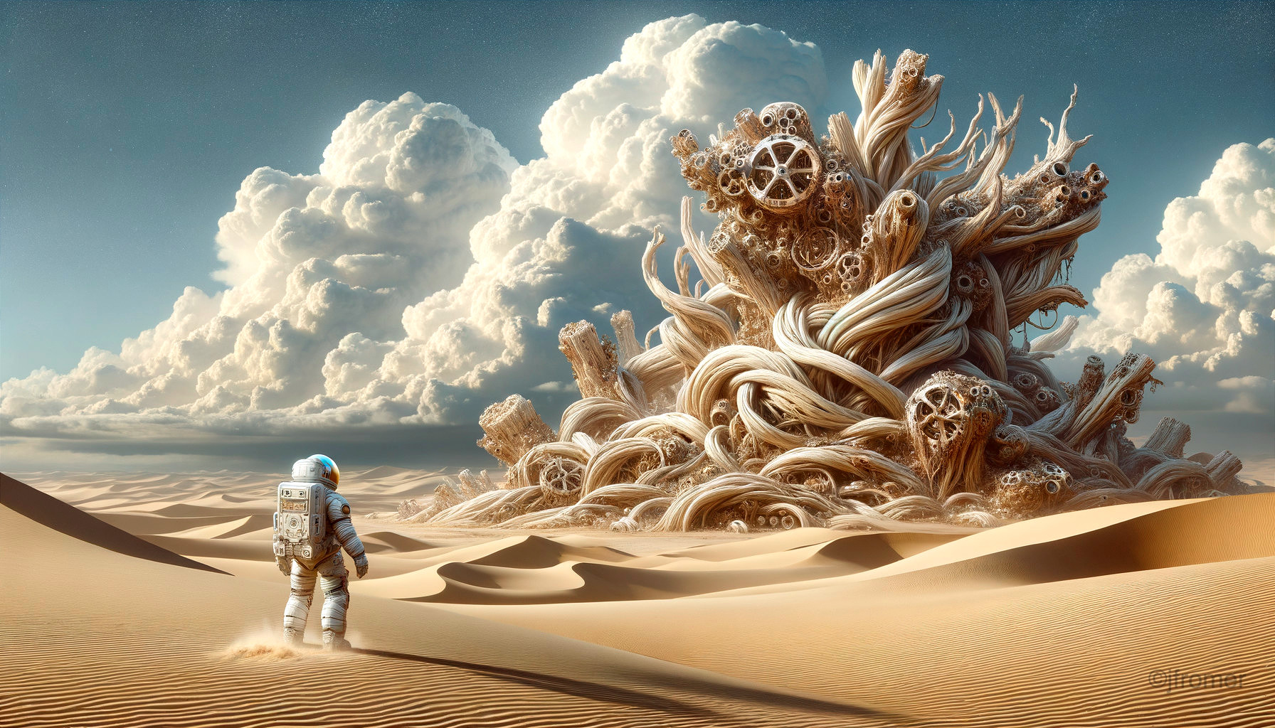 Astronaut in Desert with Surreal Machinery Structure