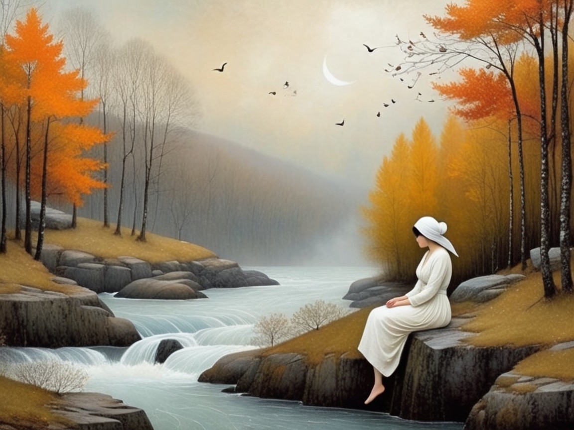 Serene landscape with a woman by a gentle river