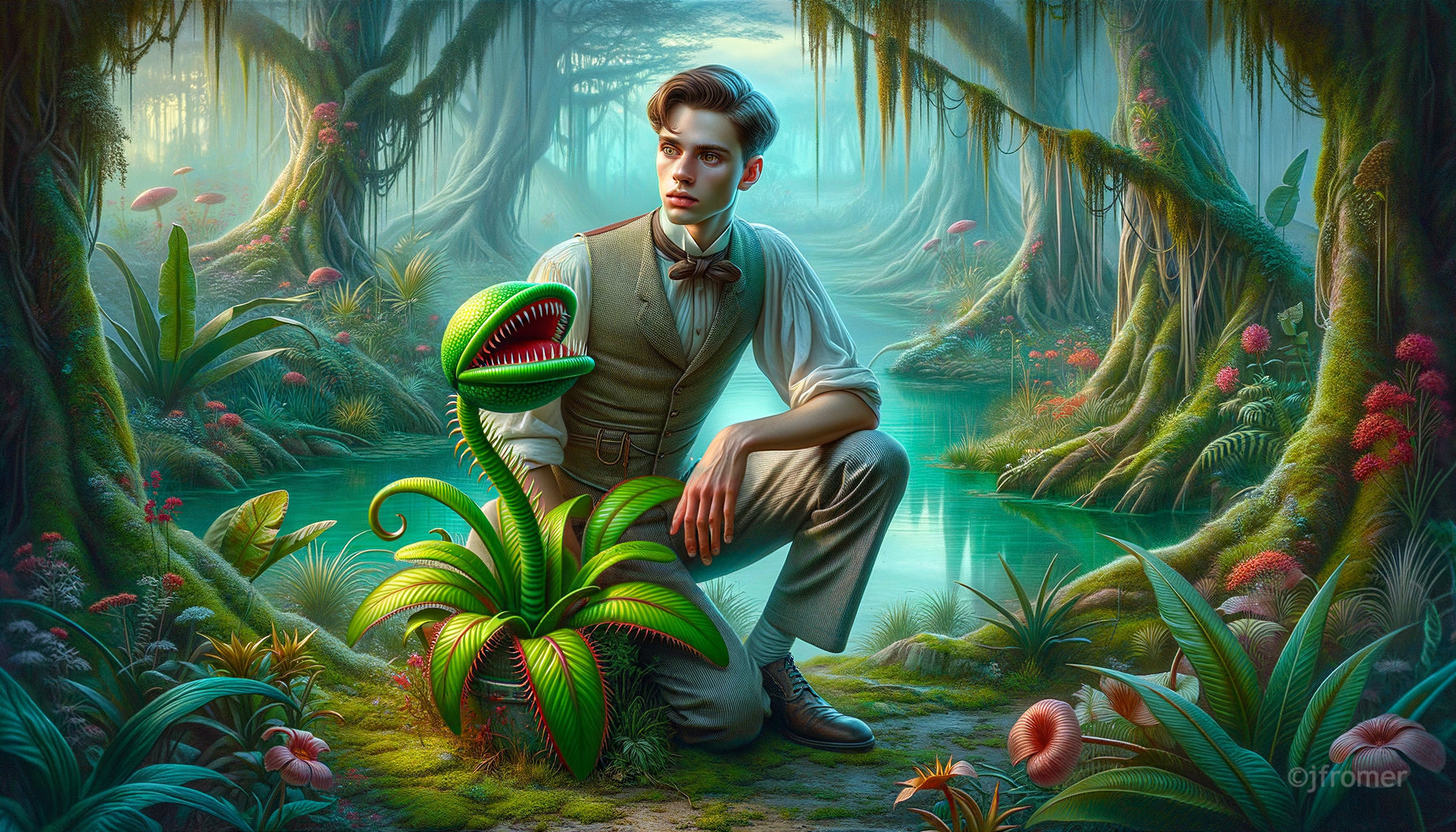 Young man in vintage outfit by cartoonish Venus flytrap